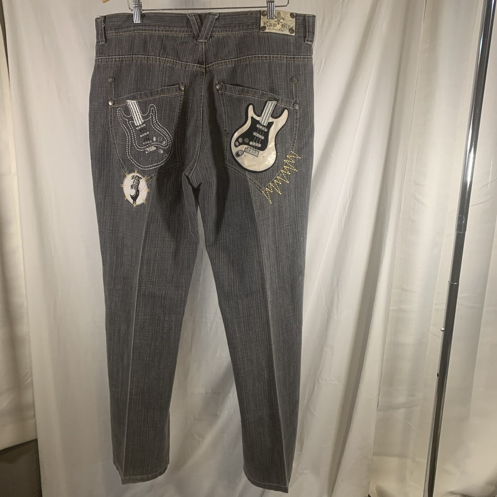Raw Blue Denim Jeans Men 38x32 Guitar Embroidered Baggy Wide Gray Jnco Southpole